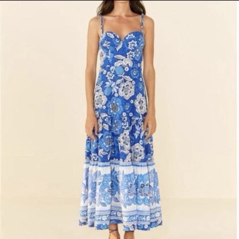 Farm Rio Blue Full of Flowers Floral Bustier Midi Dress Sweetheart Cotton Size S